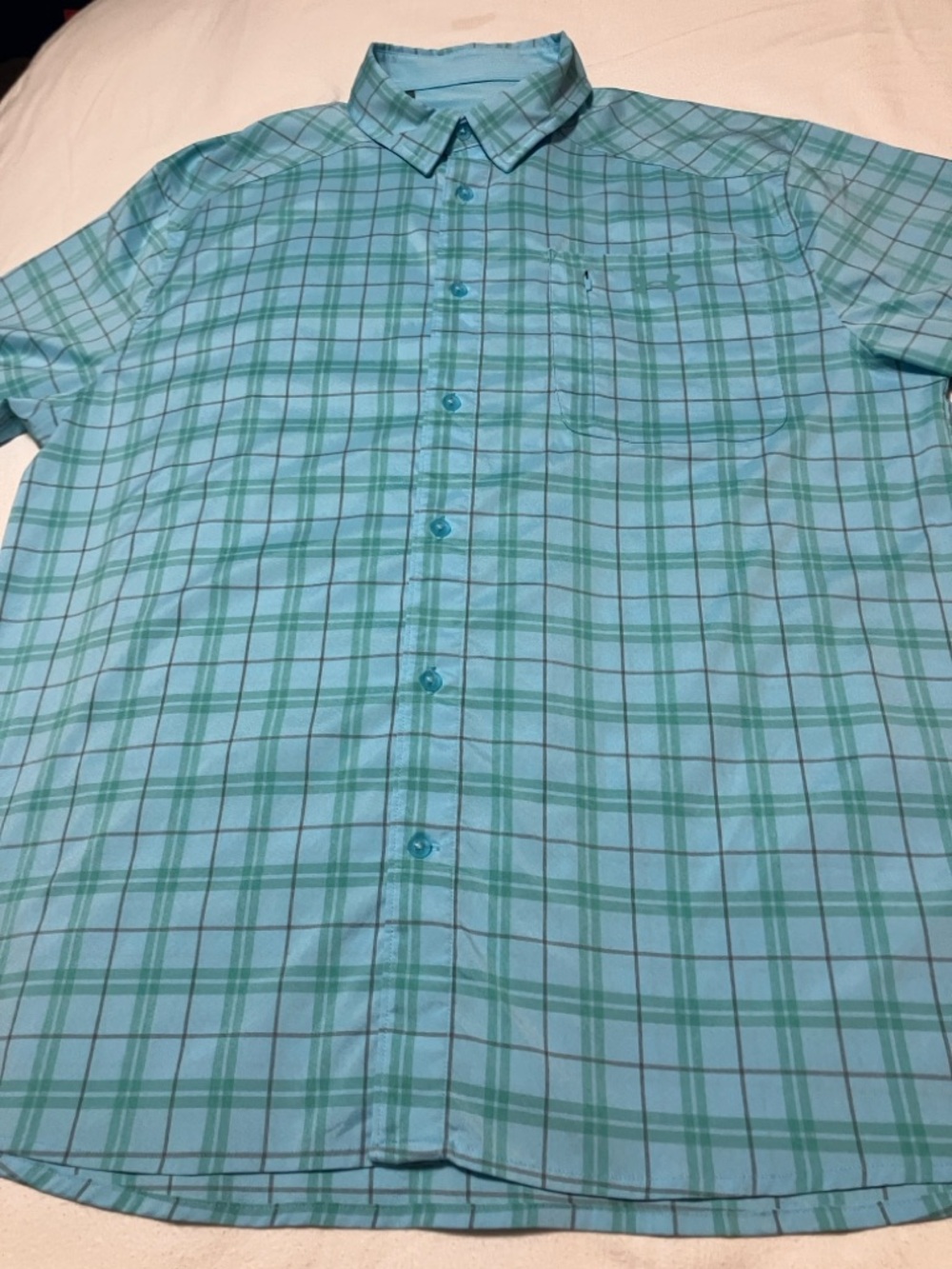 Under Armour Teal and Seafoam Plaid Short-Sleeve Button-Up Shirt Drift Tide XL
